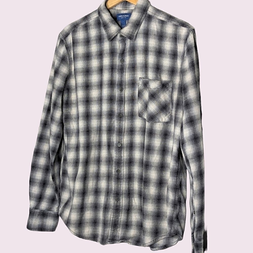 Arizona Jean Co Black & Grey Plaid Flannel Button Down Long Sleeve Shirt size L
